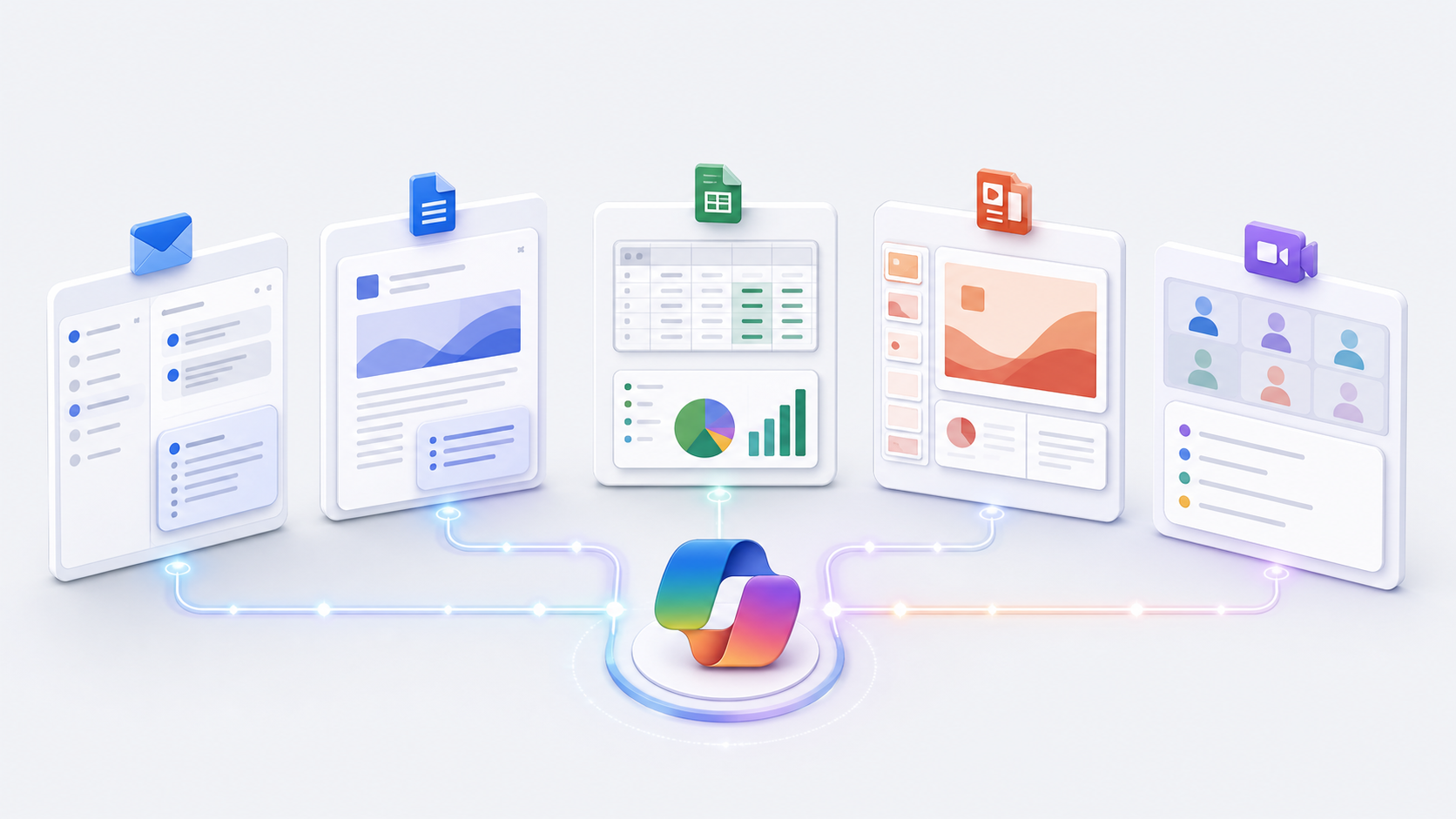 Workflow visivo con email, documento, grafico Excel, slide e riepilogo riunione collegati da un assistente AI